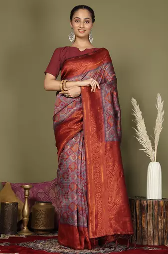red and grey silk blend saree with rich woven pallu