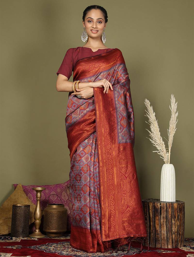 red and grey silk blend saree with rich woven pallu