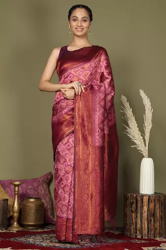 red and light pink silk blend saree with rich woven pallu