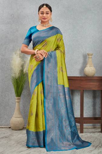 Graceful green and blue art silk saree with intricate border