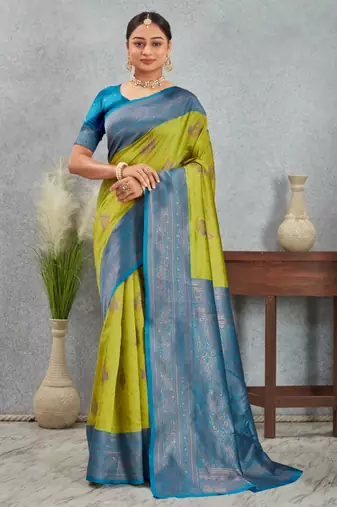 Graceful green and blue art silk saree with intricate border