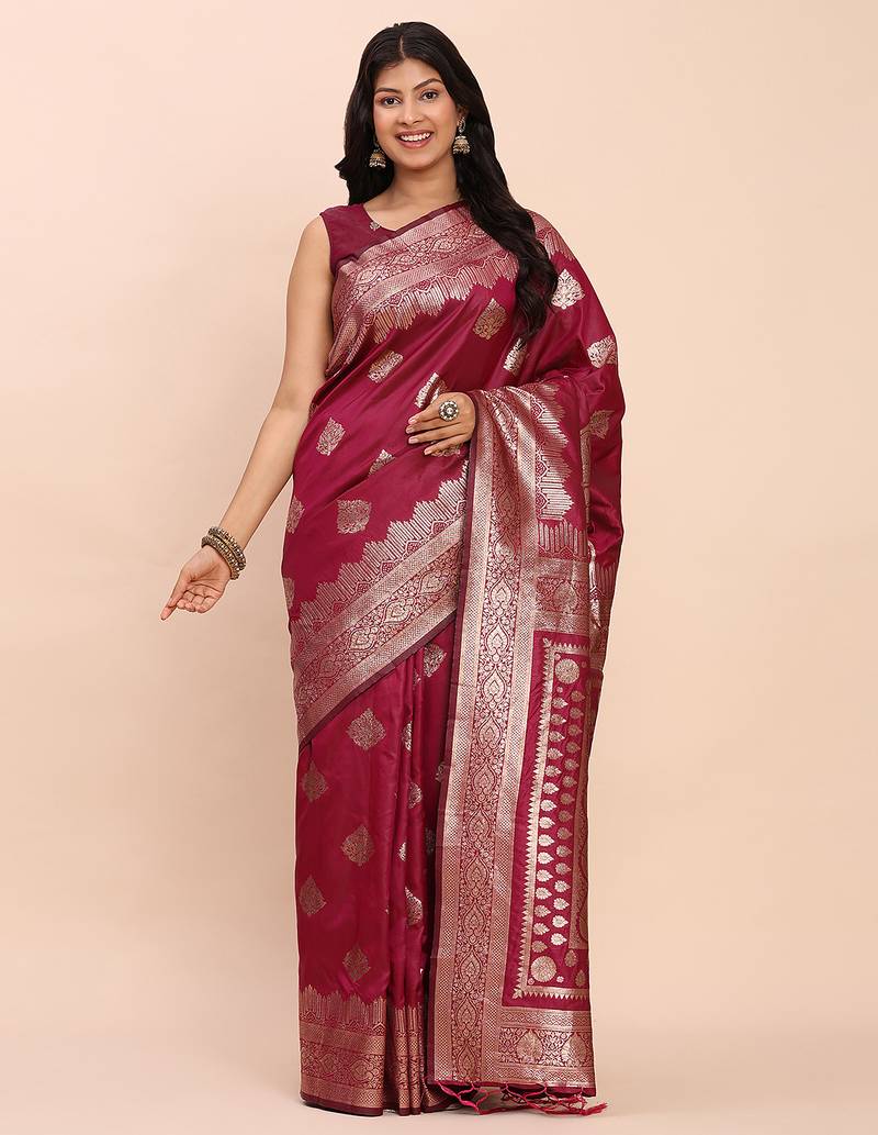 Magenta banarasi silk blend saree with zari weaving border and pallu