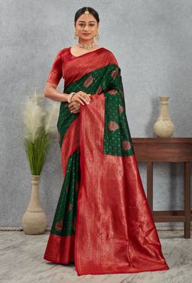 Regal green and red banarasi art silk saree with zari work 1