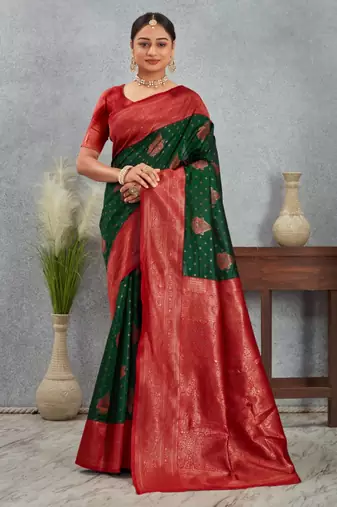 Regal green and red banarasi art silk saree with zari work