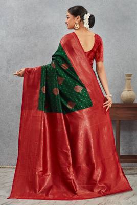 Regal green and red banarasi art silk saree with zari work 2