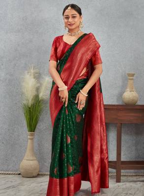 Regal green and red banarasi art silk saree with zari work 3