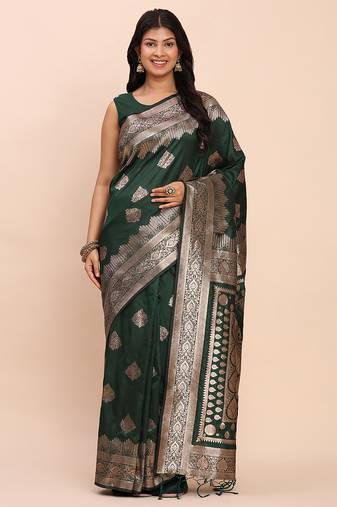 Dark green banarasi silk blend saree with zari weaving border and pallu