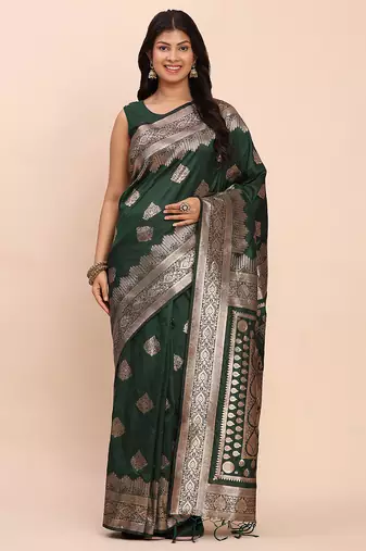 Dark green banarasi silk blend saree with zari weaving border and pallu