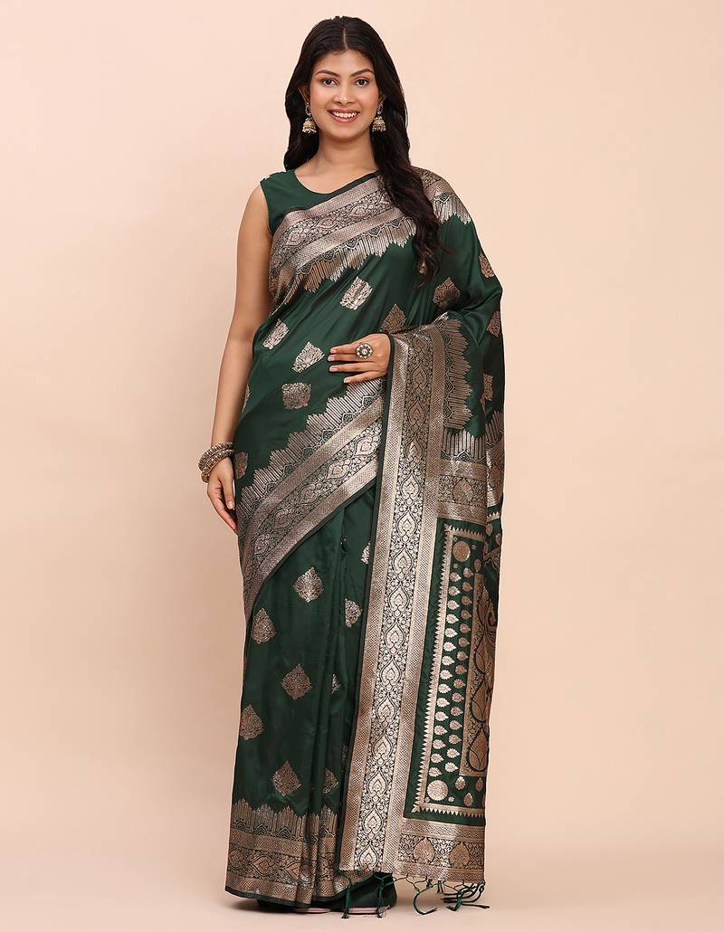 Dark green banarasi silk blend saree with zari weaving border and pallu