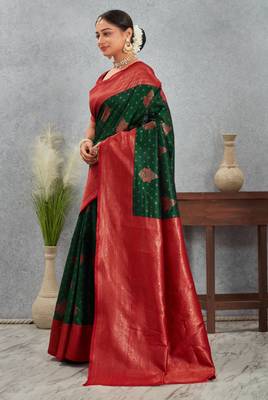 Regal green and red banarasi art silk saree with zari work 4