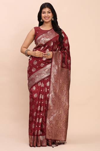 Maroon banarasi silk blend saree with zari weaving border and pallu