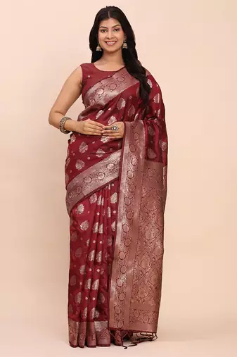 Maroon banarasi silk blend saree with zari weaving border and pallu