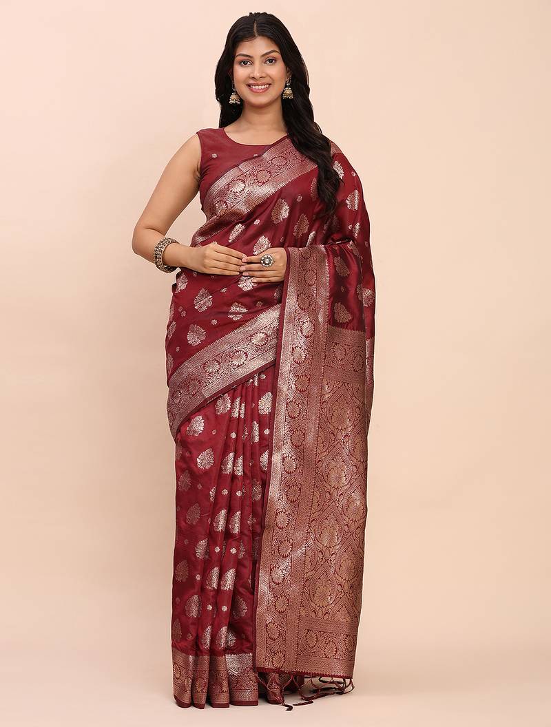Maroon banarasi silk blend saree with zari weaving border and pallu