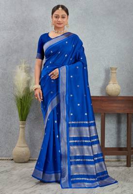 Royal blue art silk saree with silver zari detailing 1