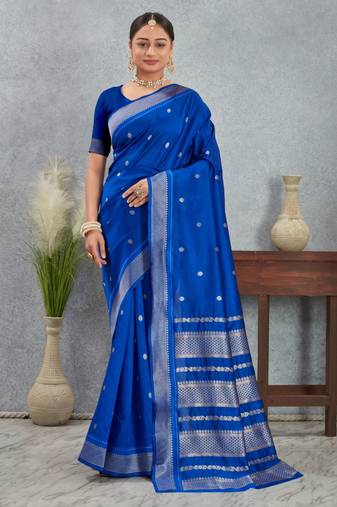 Royal blue art silk saree with silver zari detailing