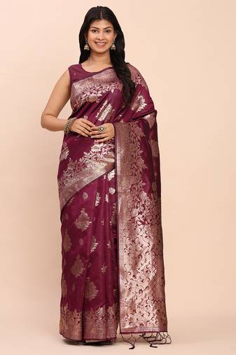 Purple banarasi silk blend saree with zari weaving border and pallu