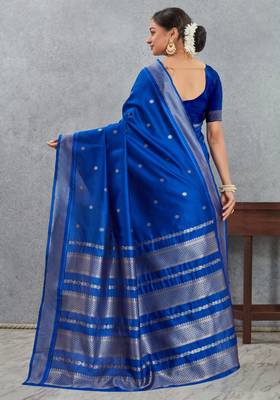 Royal blue art silk saree with silver zari detailing 2