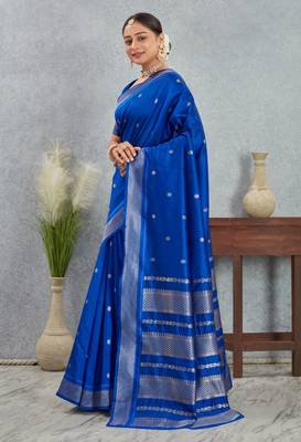 Royal blue art silk saree with silver zari detailing 3
