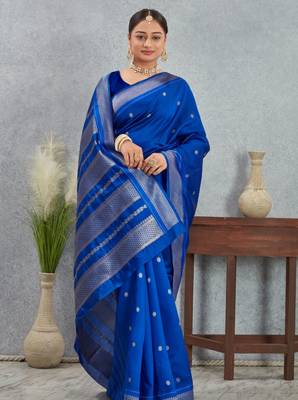 Royal blue art silk saree with silver zari detailing 4