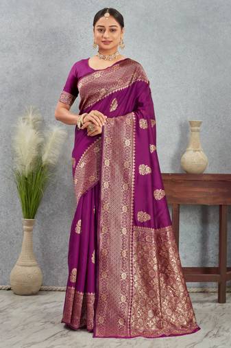 Magenta art silk saree with intricate golden zari work
