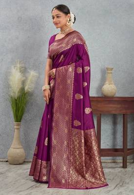 Magenta art silk saree with intricate golden zari work 2