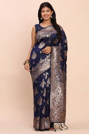 Navy blue banarasi silk blend saree with zari weaving border and pallu