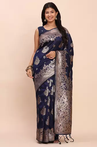 Navy blue banarasi silk blend saree with zari weaving border and pallu
