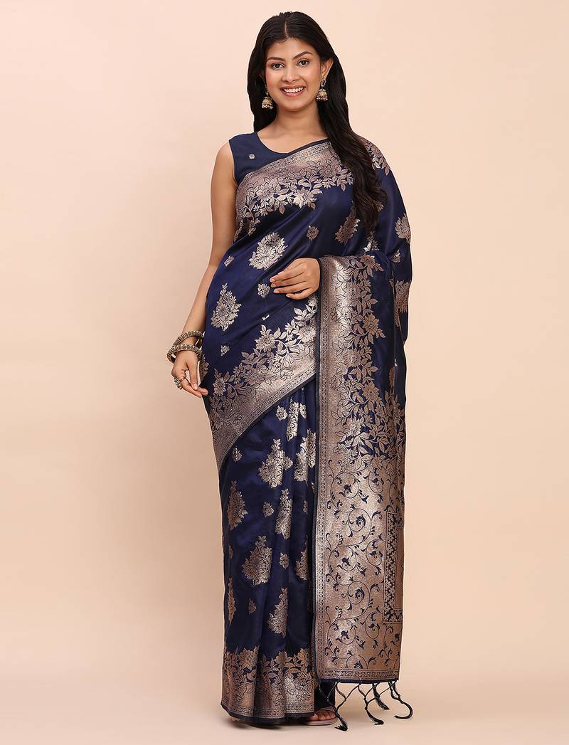 Navy blue banarasi silk blend saree with zari weaving border and pallu