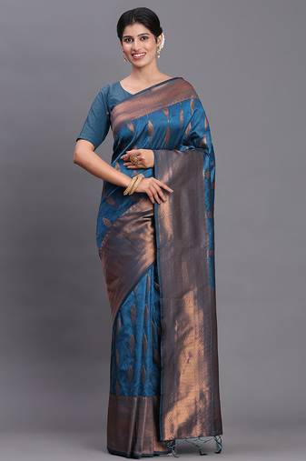 Navy blue banarasi silk blend saree with copper zari woven pallu