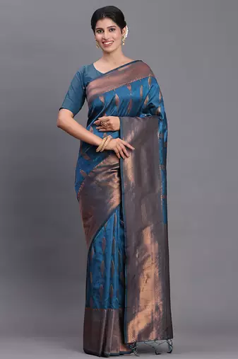 Navy blue banarasi silk blend saree with copper zari woven pallu