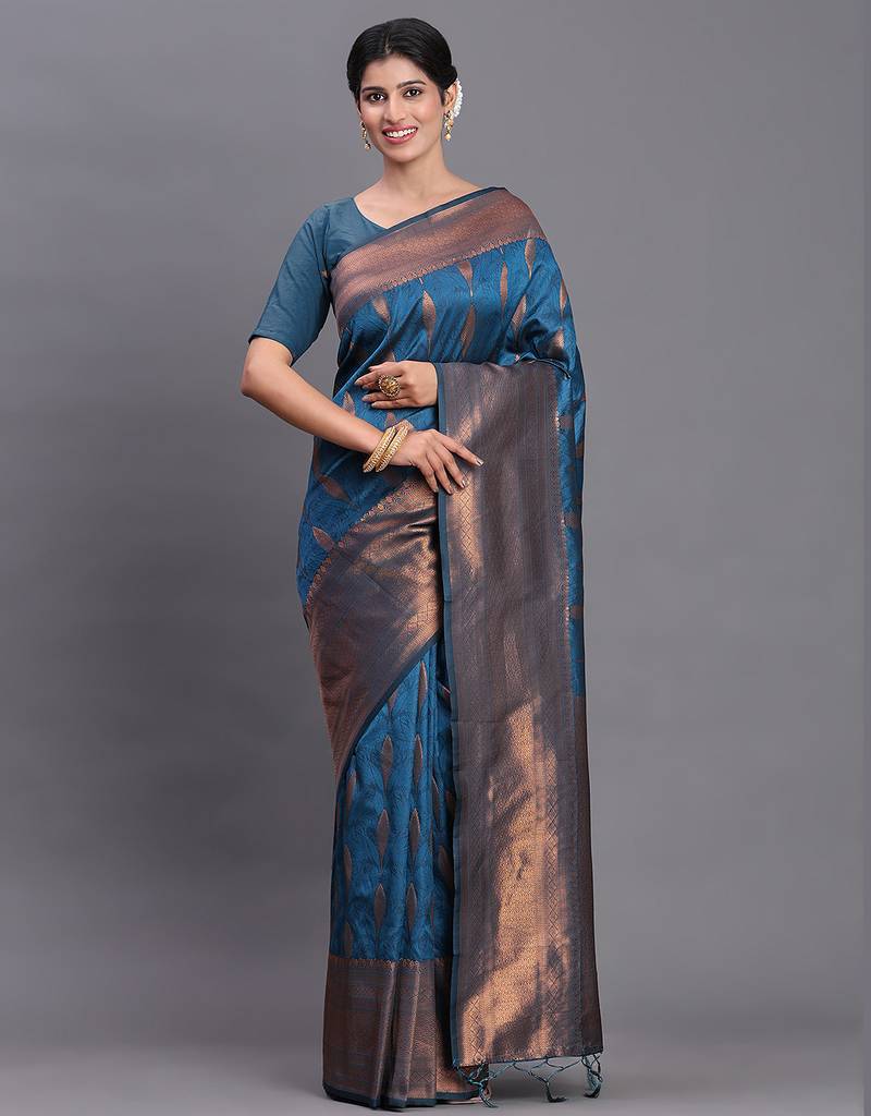 Navy blue banarasi silk blend saree with copper zari woven pallu
