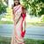 Elegant off-white saree with red stripes and geometric border