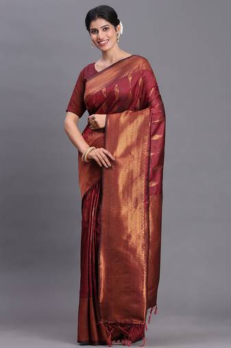 Maroon banarasi silk blend saree with copper zari woven pallu