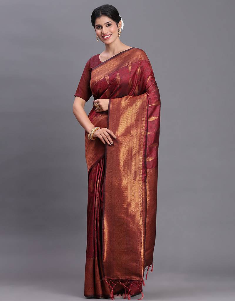 Maroon banarasi silk blend saree with copper zari woven pallu