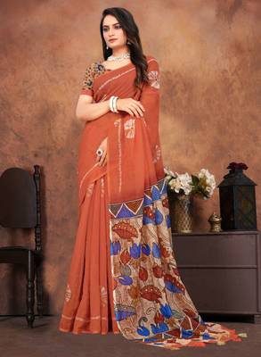 orange saree with artistic floral pallu 1