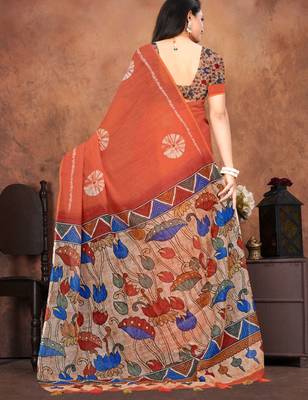 orange saree with artistic floral pallu 3