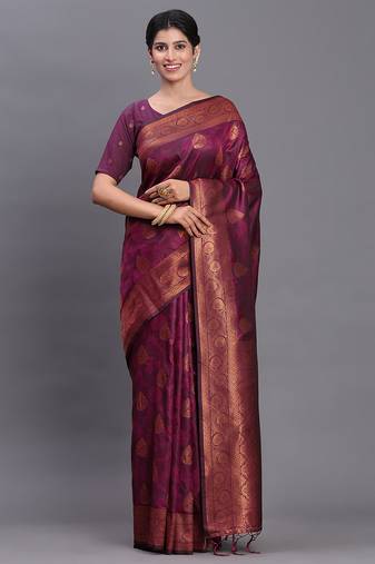 Purple banarasi silk blend saree with copper zari woven pallu