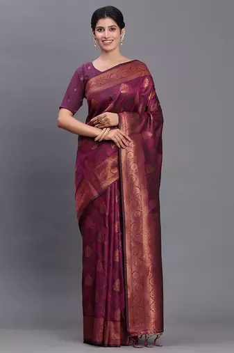 Purple banarasi silk blend saree with copper zari woven pallu