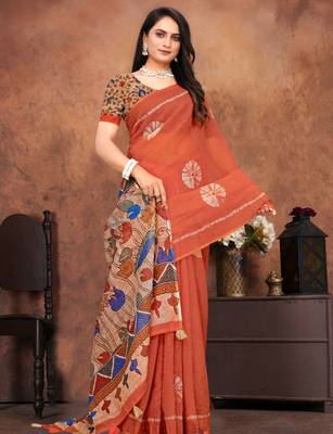 orange saree with artistic floral pallu 5