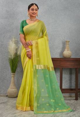 Elegant yellow and green cotton silk saree with golden border 1