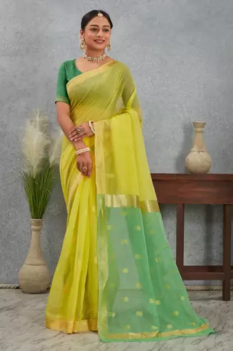 Elegant yellow and green cotton silk saree with golden border