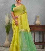 Elegant yellow and green cotton silk saree with golden border