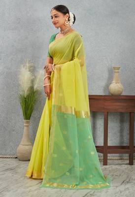 Elegant yellow and green cotton silk saree with golden border 2