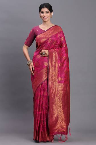 Pink banarasi silk blend saree with copper zari woven pallu