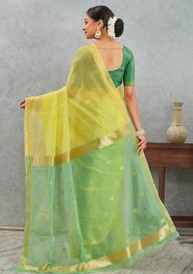 Elegant yellow and green cotton silk saree with golden border 3