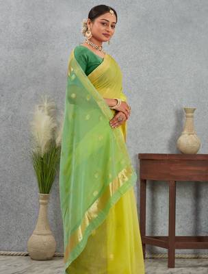 Elegant yellow and green cotton silk saree with golden border 4