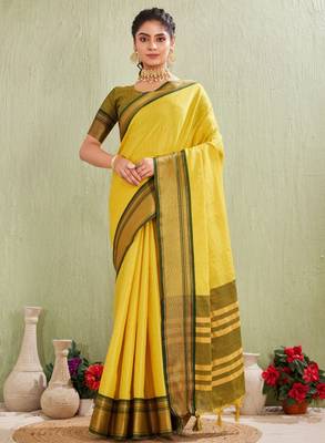 Classic yellow art silk saree with olive green border 1