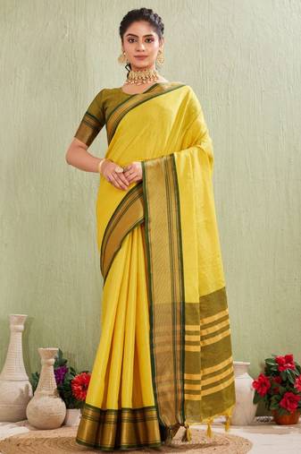 Classic yellow art silk saree with olive green border