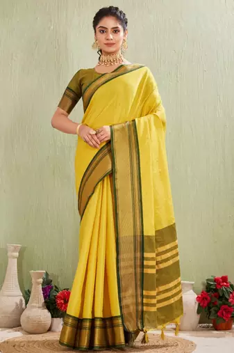 Classic yellow art silk saree with olive green border