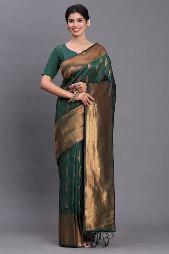 Dark green banarasi silk blend saree with copper zari woven pallu